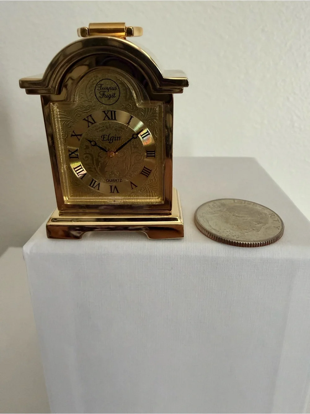 Vintage Elgin Mini Mantel Clock Gold Tone Tempus Fugit Quartz w/ Instructions